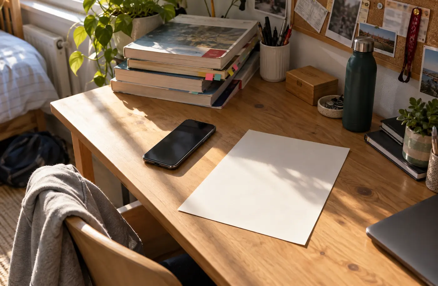 La scrivania di una camera il giorno dopo la maturità, con i libri delle superiori chiusi da parte