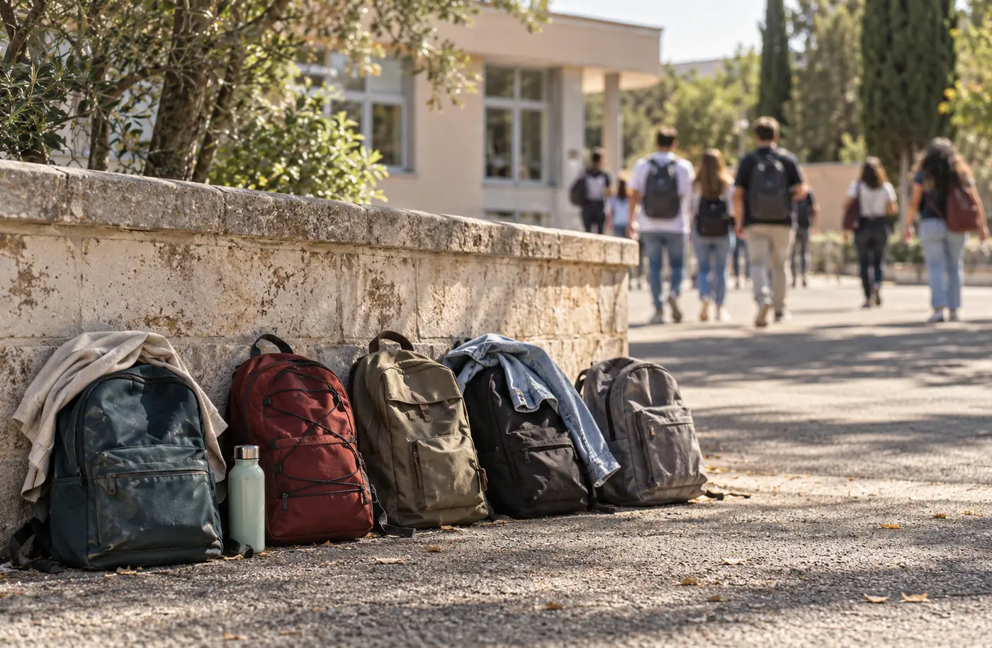 Zaini appoggiati a terra fuori da scuola, all'ultimo giorno, con qualcuno di spalle in lontananza