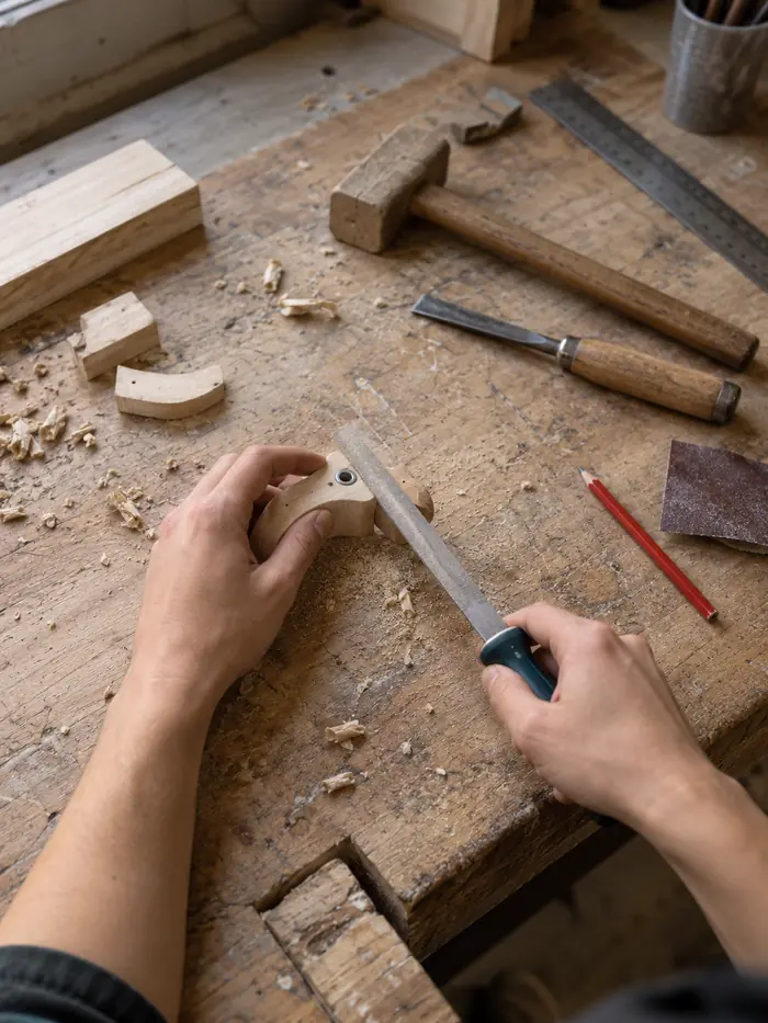 Un banco da lavoro in un laboratorio, con le mani di qualcuno che sta imparando un mestiere