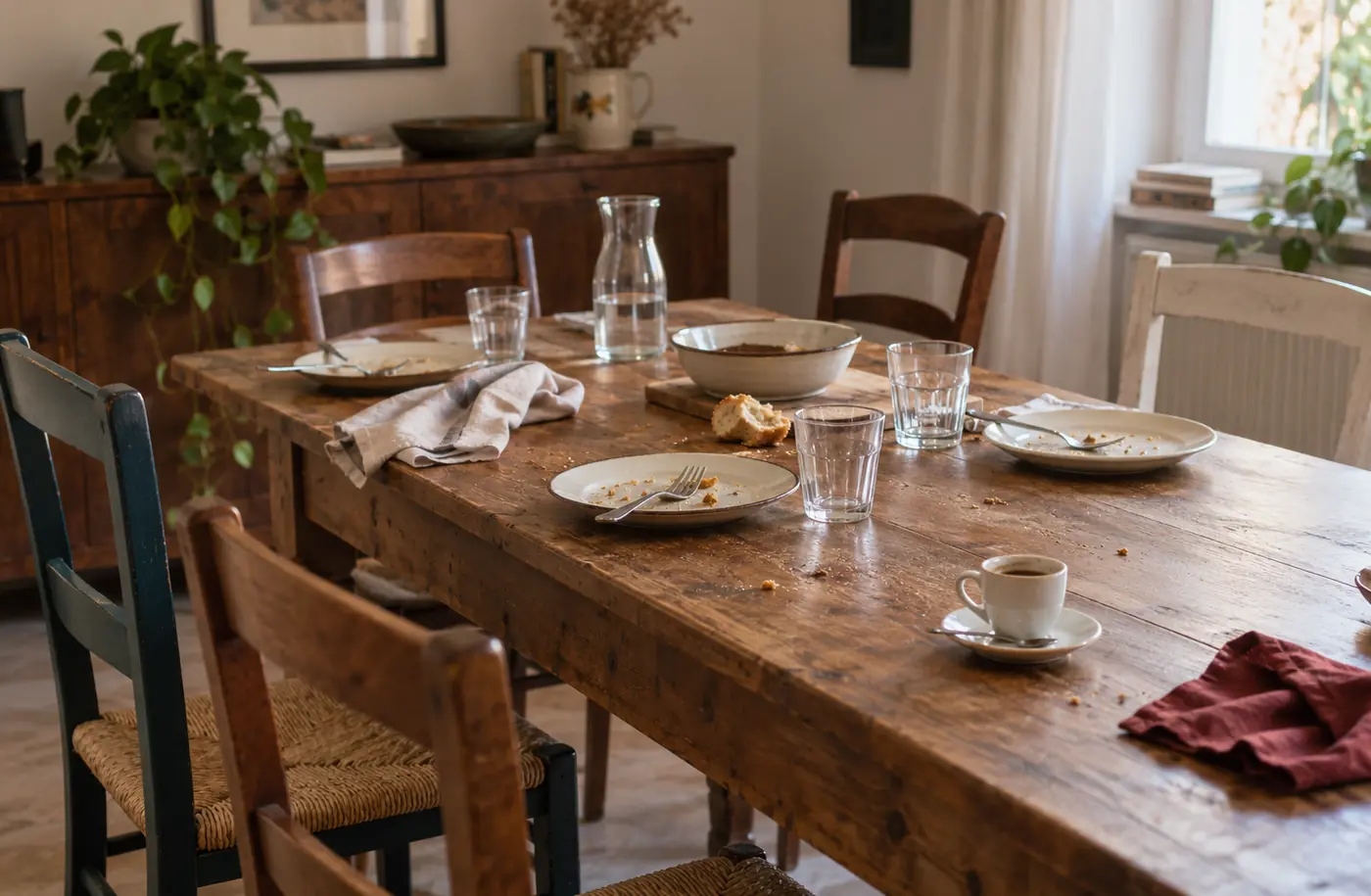 Un tavolo dopo un pranzo di famiglia, con le sedie ancora scostate e una tazzina lasciata a metà