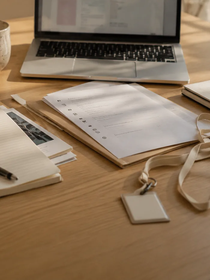 Un badge con il laccetto appoggiato su un tavolo accanto a un modulo da compilare e a un quaderno di appunti