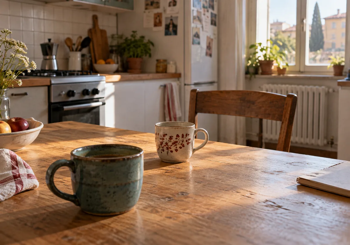 Un tavolo di cucina al mattino con due tazze e una sedia ancora vuota