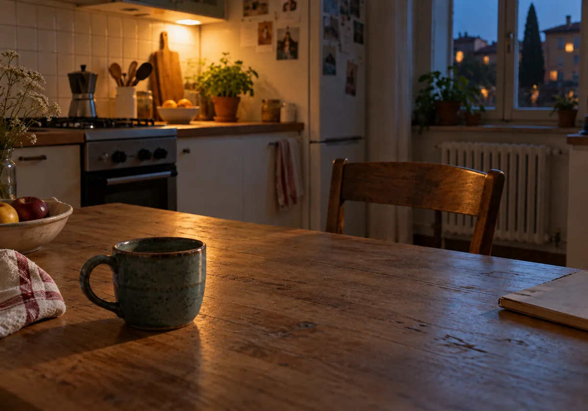 Lo stesso tavolo di cucina la sera, con una sola tazza e la luce accesa