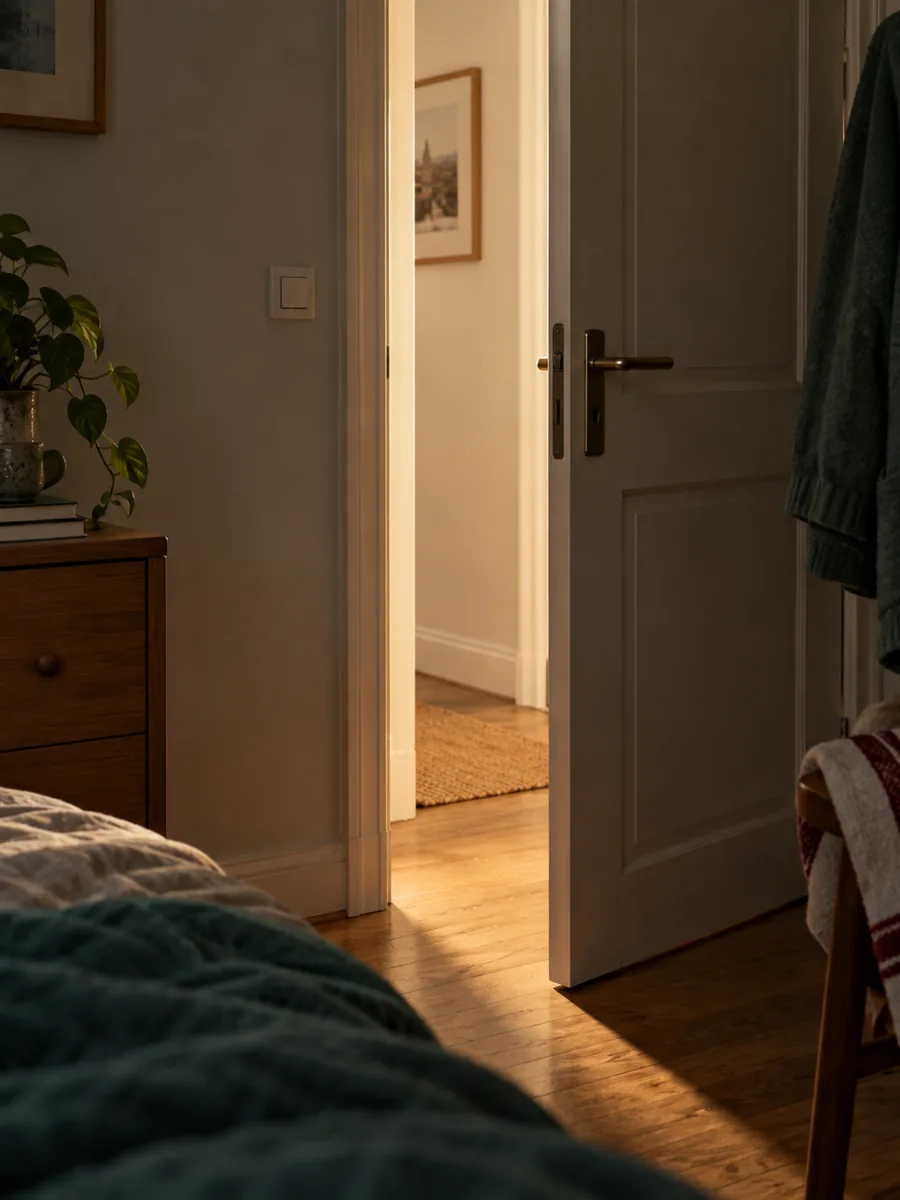 La porta socchiusa di una camera, con la luce del corridoio che entra